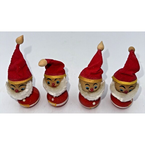 Vintage Wooden Bobble Head Fur Beard Santa Clause Card/Place Holders Set Of 4 - Picture 2 of 12
